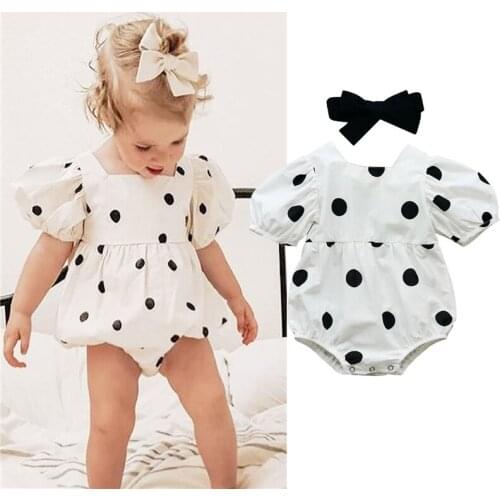 Infant Baby Short Puff Sleeve Romper + Bow Headband, Cute Polka Dot Printing Sweet Style Summer Playsuit 0-24Months