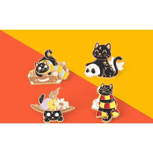 Star And Moon Black Cat Enamel Pins Custom Witchcraft Skull Cat Brooch Lapel Badge Gothic Box Christmas Jewelry Gift For Friends