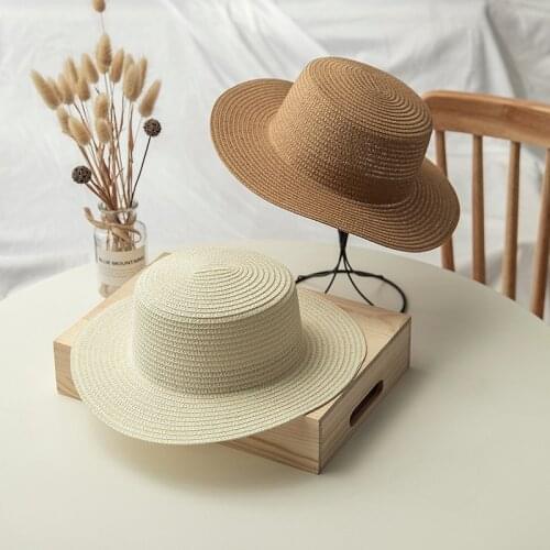 Handwovend Natural Hat Flat Top Panama Boater Beach Sun Hat Wide Brim Straw Foldable Roll up Hat Unisex factory wholesale