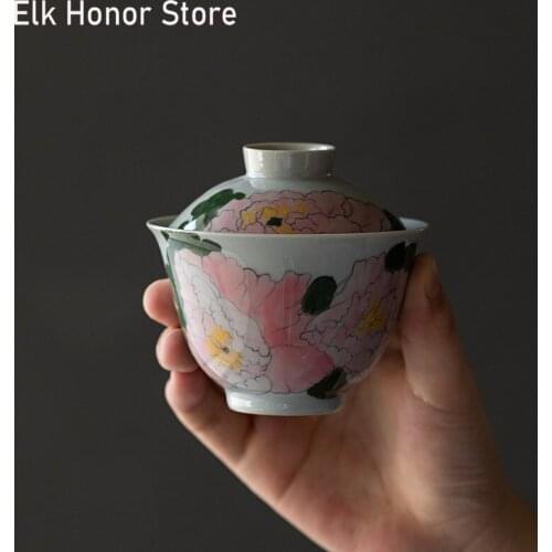 150ML Pure Hand-painted Peony Flower Ceramic Tea Tureen Covered Bowl Single Tea Bowl Household Kung Fu Tea Maker Gaiwan Tea Item