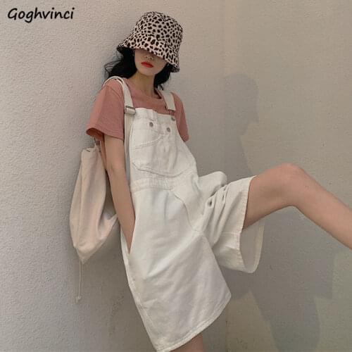 Rompers Women White Loose Wide Leg Pockets Designer Preppy Style Kawaii Denim Summer Stylish Playsuits Students Basic All-match