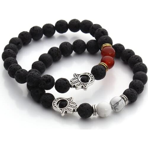 Charm Fashion Lucky Bracelet 8MM Lava Volcanic Stone Fatima Palm Evil Eye Seven Chakra Elastic Rope Yoga Bracelet