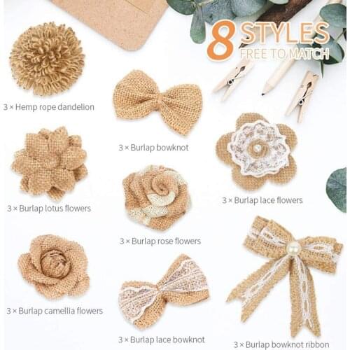 Set Burlap Flower Vintage Handmade Linen Materials Jute Flower Decoration for Wedding Christmas DIY 24Pcs in 1