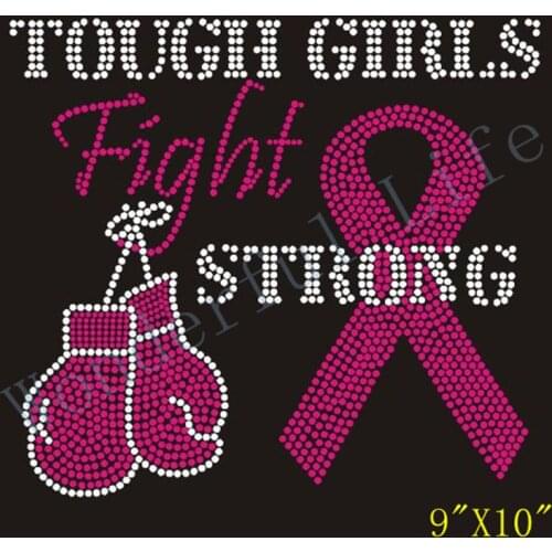 New coming Free shipping tough girls fight strong with ribbon rhinestones transfer design for cancer custom tishirt