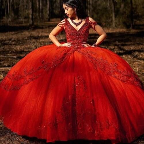 New Arrival Red Applique Sequin Quinceanera Dresses Off Shoulder Tassel Puffy Skirt Lace-up Corset Back Prom Vestidos de 15 años