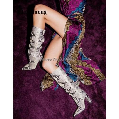 Autumn New Fashion Pointed Toe Snake Leather Chunky Heel Knee High Boots Grey Blue Yellow Blue Printed Long Thick High Heel Boot
