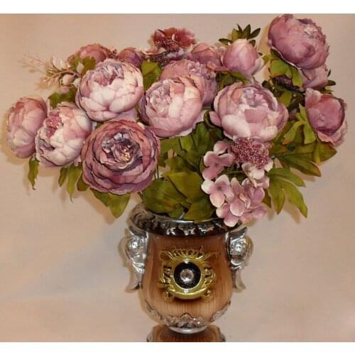 Dark Pink Artificial Silk Peony Flower Leaf Plant Bouquet Table Setting