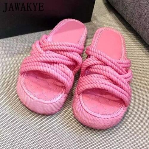 Hemp Woven Beach Women Slides Pink Thick Sole Cross Band Flat Slippers Comfort Holiday Sandals Platform Casual Dress Flipflops