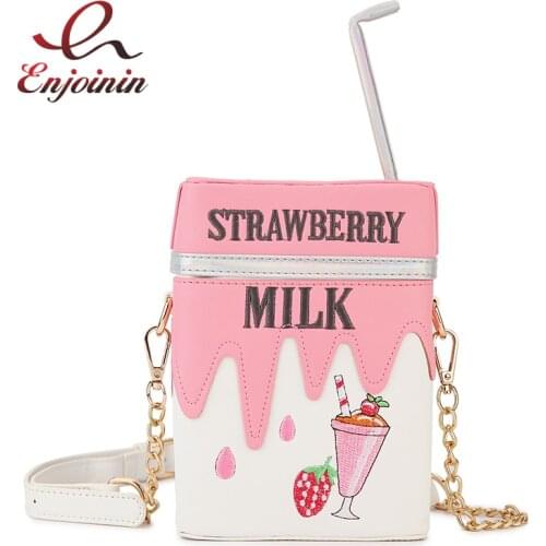 Fashion Strawberry Milk Box Chain Shoulder Bag for Women Purses and Handbags Female Crossbody Bag Cute Pu Leather Designer Bag