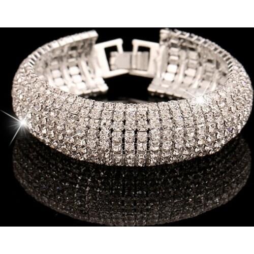 Bridal Jewelry Silver plated full Crystal Rhinestones Bracelets for Women Wedding Party Jewelry accessory