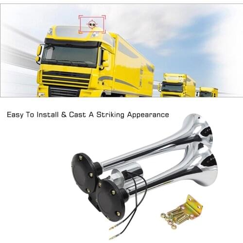 Universal 150dB 12V/24V Dual Trumpet Electric Horn Loud Chrome Air Horn Speaker Kit for Train Truck Lorry