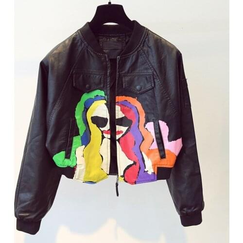 Pu Leather Jacket Women New Fashion Black graffiti Motorcycle Coat Short Faux Leather Plus Size Casual Biker Jacket Outerwear