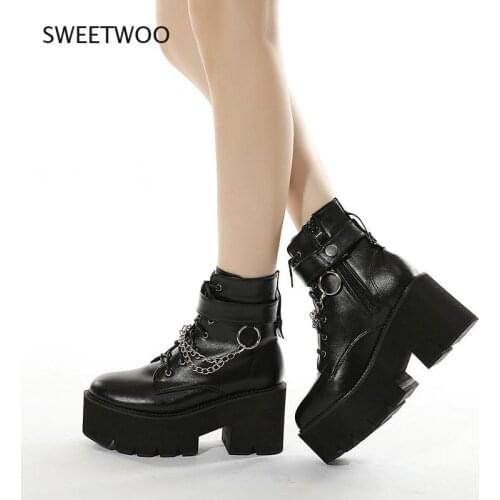Sexy Chain Leather Autumn Women Black Block Heel Boots Gothic Punk Style Platform Women Shoes High Quality Footwear