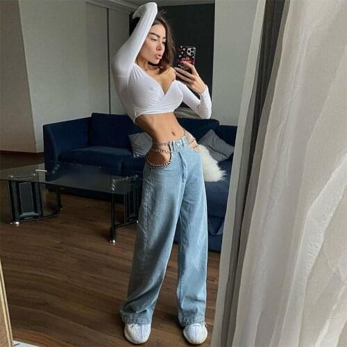 Womens Light Blue Jeans Sexy Chain High Waist Straight-Leg Pants For Party Shopping Holiday Vacation Travelling Daily Wear