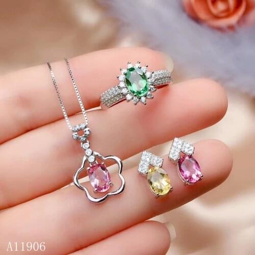 KJJEAXCMY boutique jewelry 925 sterling silver inlaid natural gemstone multicolor tourmaline female ring earrings pendant neckla