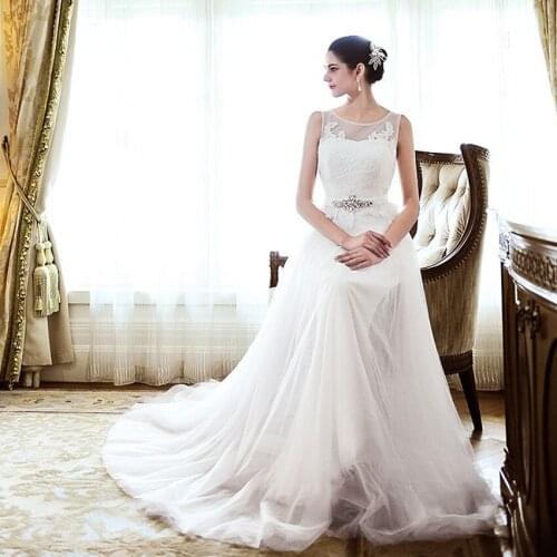 A line Bateau Sleeveless Appliques White Bridal Gowns robe de mariee Cheap Wedding Dresses Made In China vestido de noiva