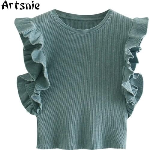 Artsnie Spring 2021 Ruffles Sweater Vest Women O Neck Sleeveless Pull Femme Streetwear Casual Knitted Ladies Sweaters Vest Femme