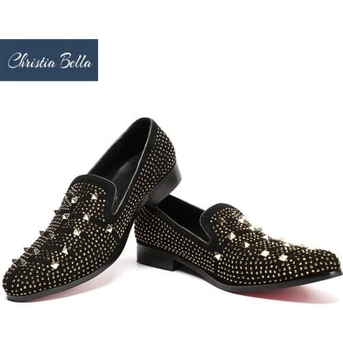 Christia Bella Smoking Slippers Personalized Men Casual Shoes Fashion Tide Rivets Slip On Loafer Shoes Lazy Black Flat Zapatos