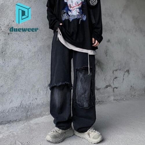DUEWEER Mens Cargo Jeans Spring Autumn Hip Hop Distressed Patch Trousers Black Goth Plus Size Baggy Casual Harajuku Denim Pants