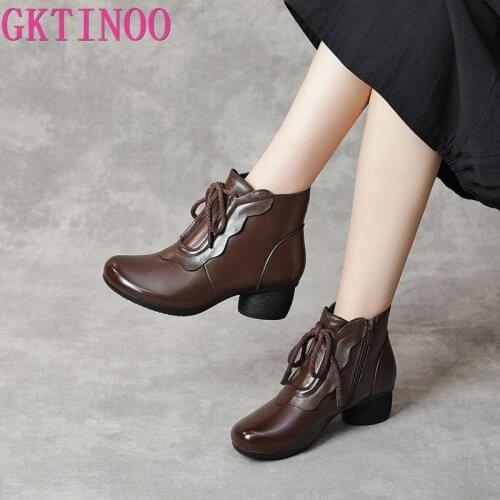 GKTINOO Winter 2020 New Vintage Short Boots Genuine Leather Shoes Comfortable Thick Heel Womens Boots High Heels Ankle Boots