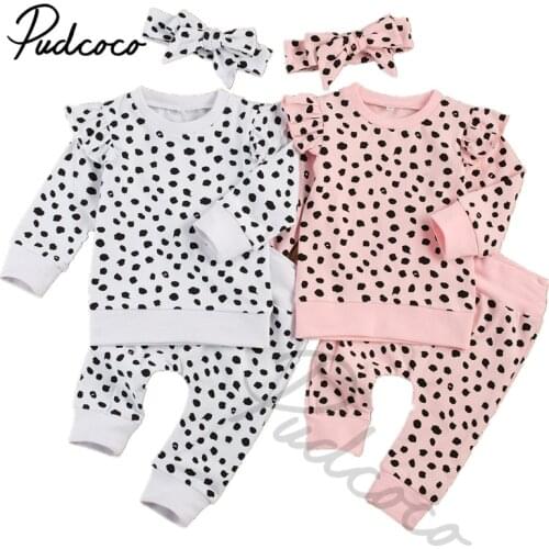 Children Baby Girls Boys Set, Kid Fly Sleeve Crew Neck Dot Pullover Suit Stretch Pants Hair Band 3Pcs Outfit