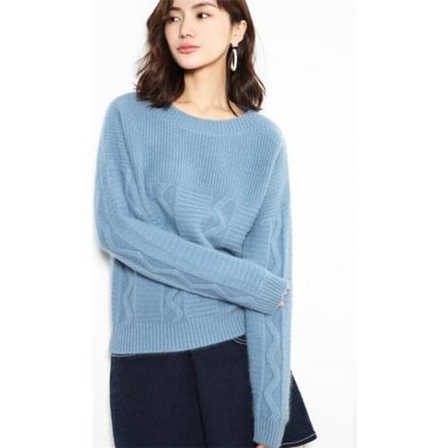 Korean style pure cashmere twisted knit women brief Oneck loose pullover sweater solid color S-2XL
