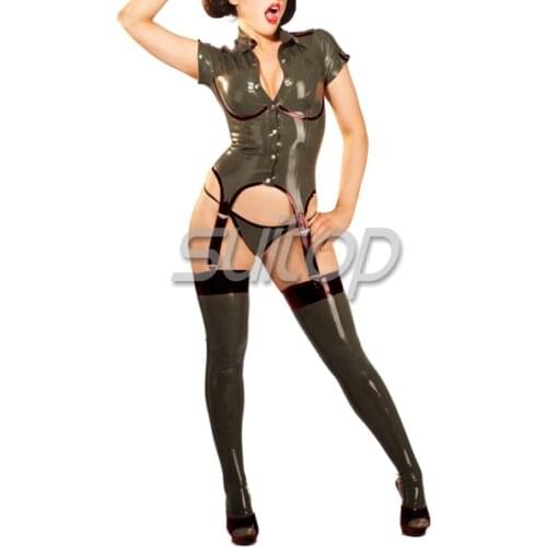 Suitop latex outfit sexy rubber unifrom top,briefs,stockings military army woman style clothing three-piece suit sets