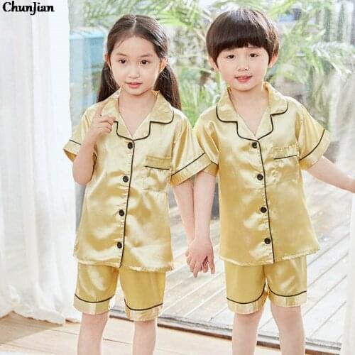 Champagne Color Boys and Girls Summer Pajama Sets Satin Pajamas Girl Sets Baby Sleepwear Pajamas with Shorts Clothing Sets