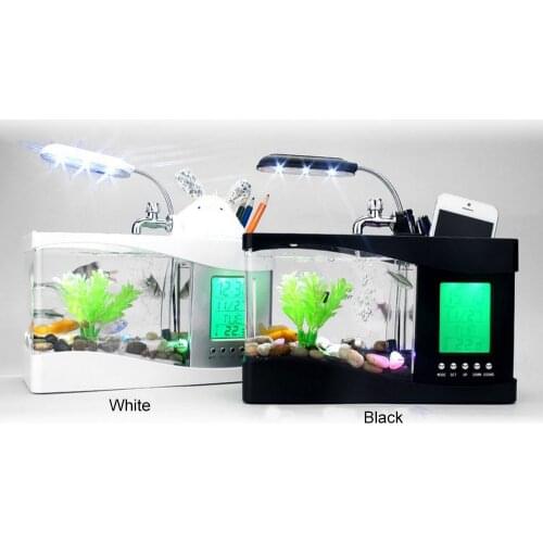 Mini Aquarium Fish Tank with LED Lamp Light Pen Holder USB Aquarium Betta Fish Tanks LCD Display Screen and Clock Aquario