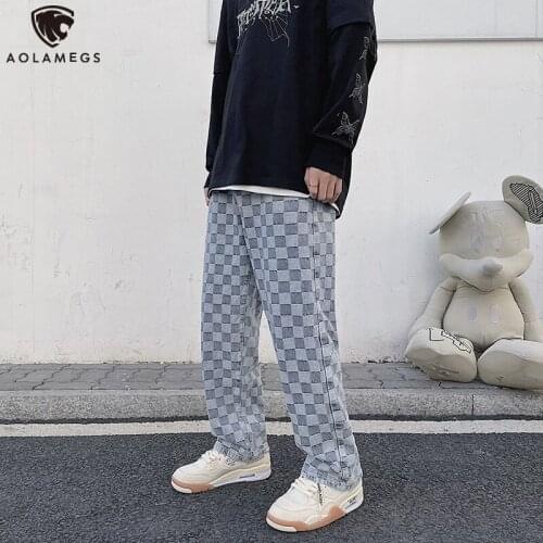 Aolamegs Mens Jeans Wide Leg Pants Mens Street Hip Hop Elastic Waist Casual Pants Plaid Jeans Oversized Trousers for Men