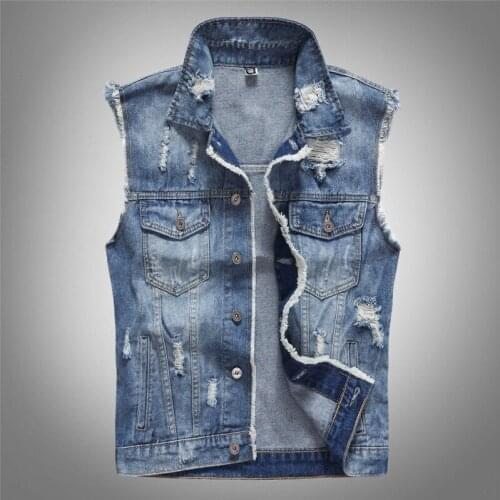 Ripped Jean Jacket Mens Denim Vest Hip Hop Jean Coats Waistcoat Men Cowboy Brand Sleeveless Jacket Male Tank Plus Size M-5XL