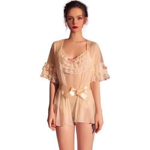 Sexydresses For Women Sexy mesh French lace perspective concealed buckle open-file one-piece sexy underwear robe nightdress set