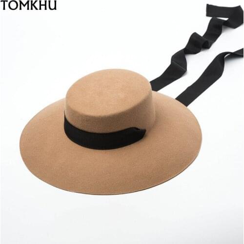 Flat Top Fedora Hat For Women Autumn Winter Solid 100% Wool Wide Brim Cap Female Cap With Black Long Streamer Gorros Pillbox Hat