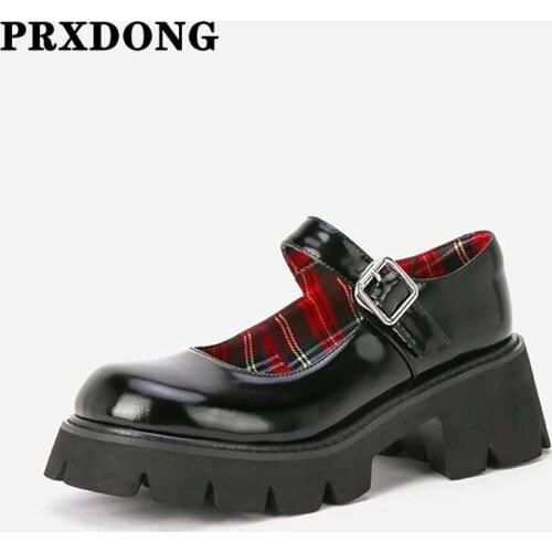 Woman‘s Shoes 2021 New Mary Janes Shoes Genuine Leather Buckle Strap Platform Thick Heel Pumps Retro Round Toe Lady Footwear 40