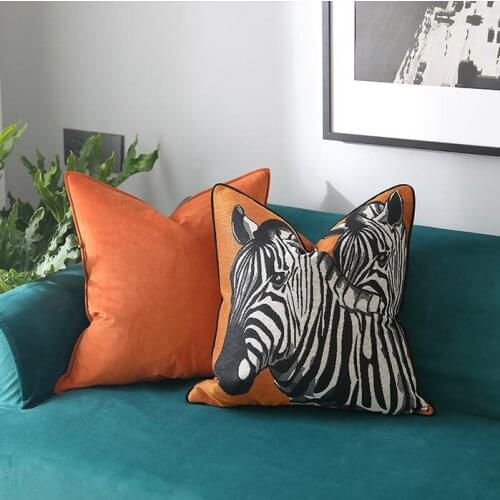 High-End Orange Chenille European Luxury Horse Embroidery Pillowcase Villa Romantic Cushion Waist Pillow Sofa Decorative Pillows