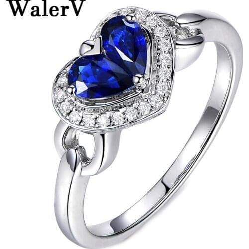 WalerV Sterling For Women Lovers Custom Fashion Popular Love Shape Charm Rings Dark Blue Crystal Zircon Wedding Rings