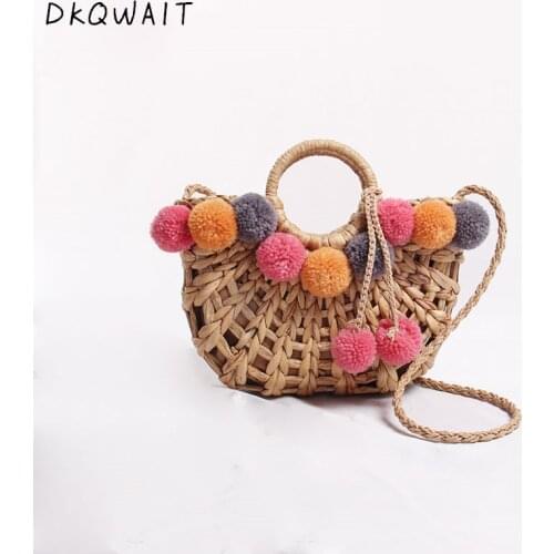 NEW Colorful Wool Ball Pom Beach Bag Shopping Basket Chic Woven Straw Handbags for Women Shoulder Bag Summer Totes female