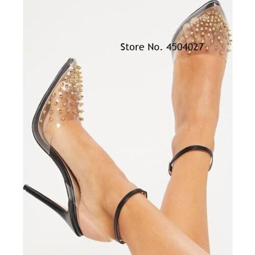Womens Black Patchwork High Heels Clear PVC Pointed Toe Stiletto Heel Ankle Strap Rivets Pumps