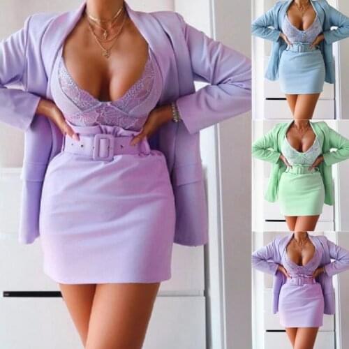 Fashion Women 2Piece Sets Blazer Sexy Slash Neck Office Long Sleeve Suit Coat+Skirt Set Pink Blazer Women Clothing 2021