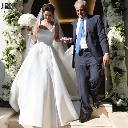 JIERUIZE New Simple Satin Wedding Dresses Square Collar With Bow Backless Wedding Gowns A-line Bridal Dresses robe de mariee
