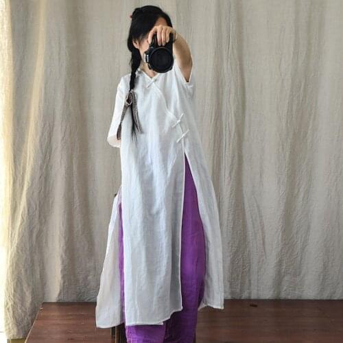 Vintage Solid Pink White Dress Women Casual O Neck Collar Loose Shirt Long Dress Femme Sundress 2021 Retro Vestidos Plus Size