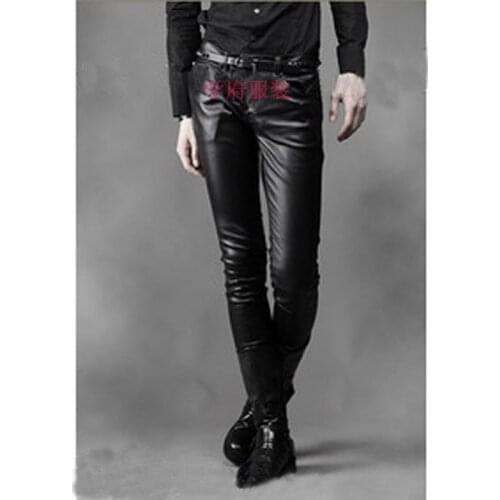 27~44! 2016 New mens clothingMale PU leather pants qianmen button sewing male leather pants plus size available Singer costumes