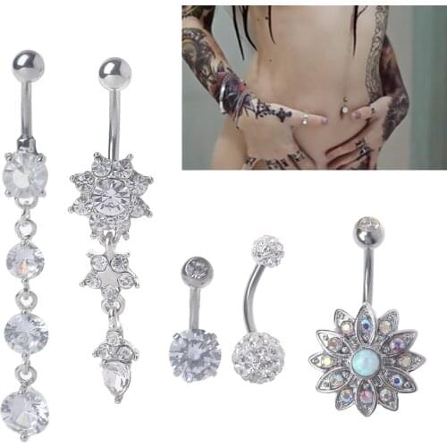 5Pcs Titanium Dangle Belly Button Ring Navel Curved Barbel CZ Stone Piercing Set
