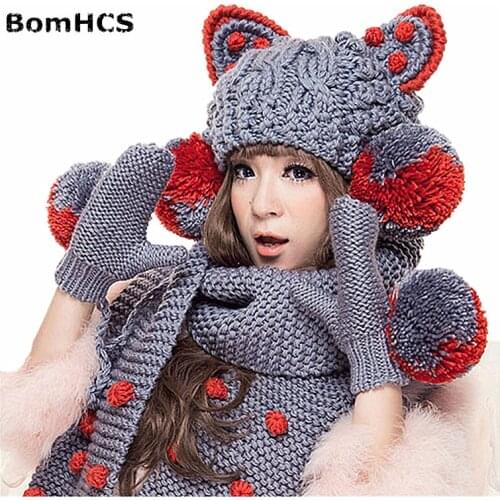 BomHCS Handmade Scarf Gloves Beanie Big Cat Ears & Big Pom Hat Warm Knit Winter Women($22.98-scarf,$10.98-gloves,$10.98-beanie)