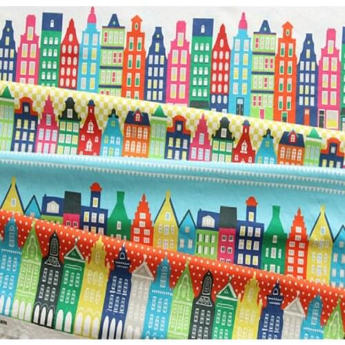 Vintage Printed Colorful Houses Cotton Linen Fabric by meter DIY Sewing Textile Quilting Cotton Fabrics
