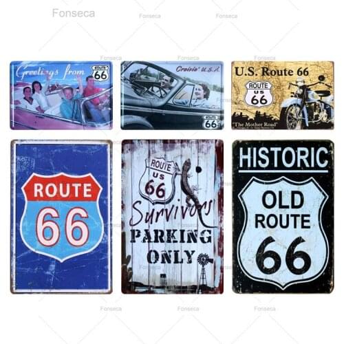 Retro Route US 66 Plaque Motorcycle Metal Tin Signs Wall Art Poster Home Decor Iron Plate Bar Club Wall Decoration 20*30 CM