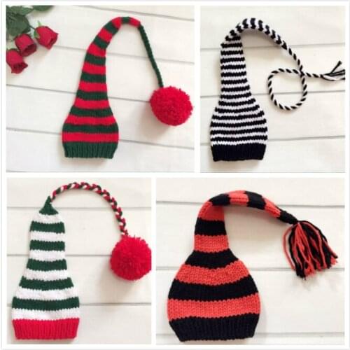 Newborn Hand-knit Cap Long Tail Christmas Hats Stripe Hat New Style Baby Photography Props Multiple Colors