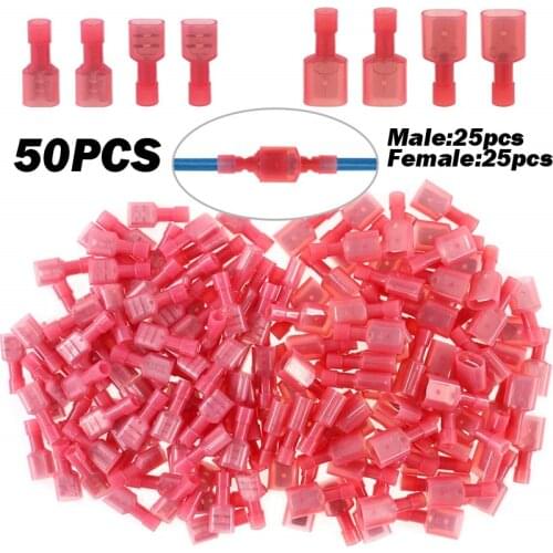 50pcs 25sets NYLON Spade Crimp Terminal for Wire Female Male Insulated Connectors Crimp Cable Red Wire Terminals Connector