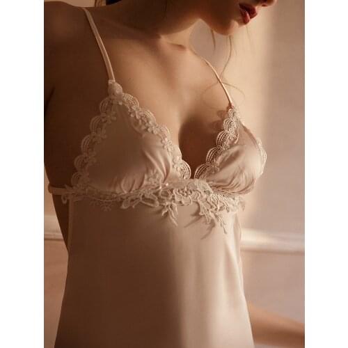 Womens Summer Sexy Pajamas Thin Cutout Backless Silk Strap Night Dress Home Clothes Champagne Quality Nightdress Homewear