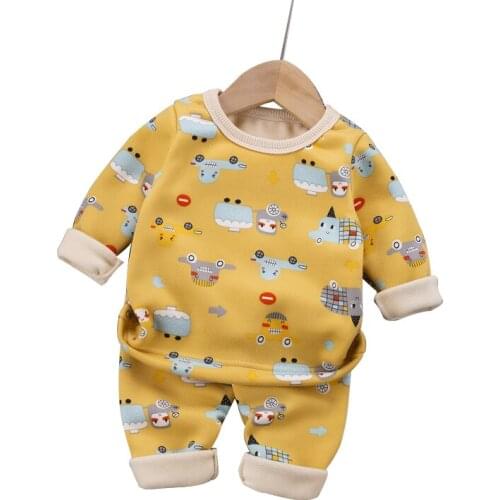 Baby boy autumn and winter new velvet thick cotton underwear suit boy cute cartoon pattern casual warm pajamas suit